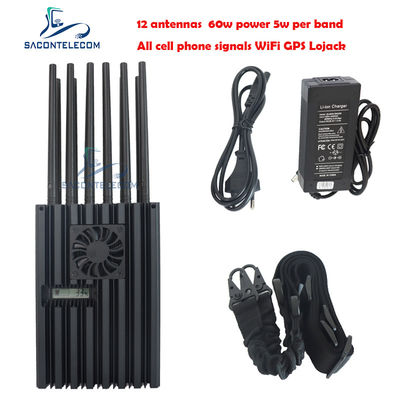 جهاز تشويش محمول عالي الطاقة بقدرة 60 واط بنصف قطر 40 متر و 12 قناة لشبكات 2G 3G 4G 5G و WiFi و GPS و Lojack