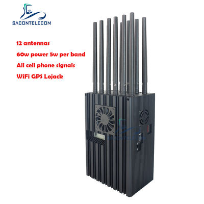 جهاز تشويش محمول عالي الطاقة بقدرة 60 واط بنصف قطر 40 متر و 12 قناة لشبكات 2G 3G 4G 5G و WiFi و GPS و Lojack